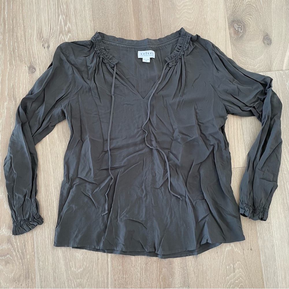 velvet / Anthropologie army green peasant top